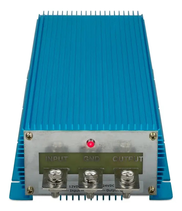 Orion IP67 DC-DC converter with blue and silver cell phone signal box and wires.