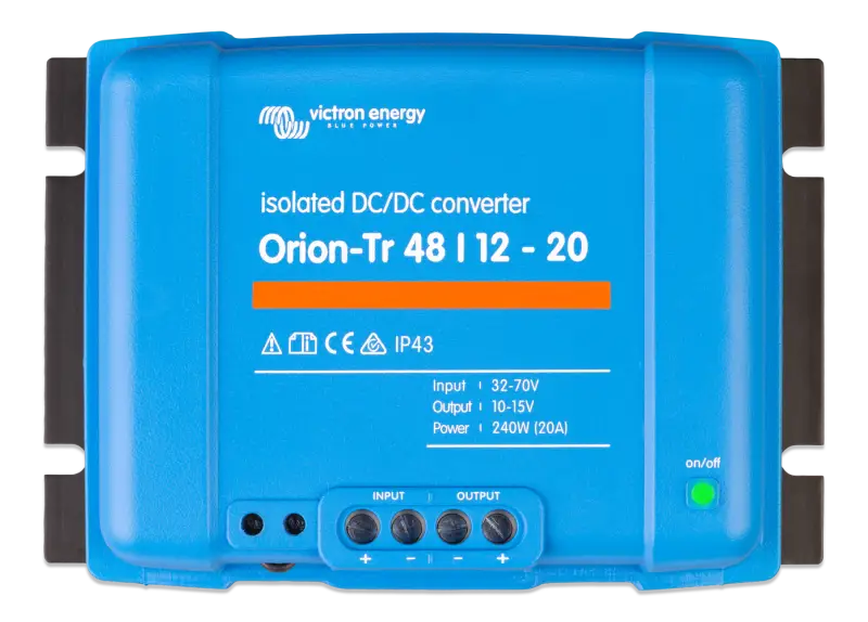 Victron Orion-Tr DC-DC Isolated Converters showing IP43, input fuse, and screw terminals