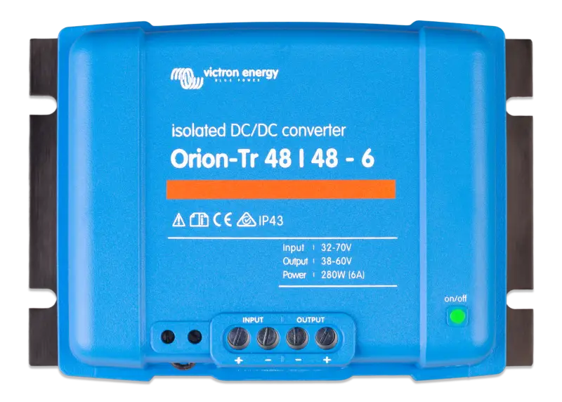 Orion-Tr DC-DC converter close-up, blue with green button, IP43 protection, input fuse