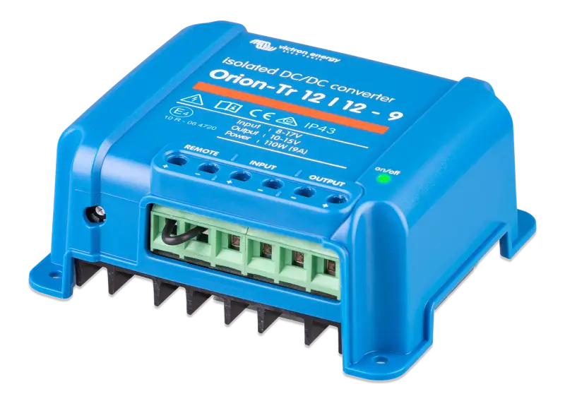 Orion-Tr DC-DC Isolated Converter with IP43, input fuse, and screw terminals on 12V battery