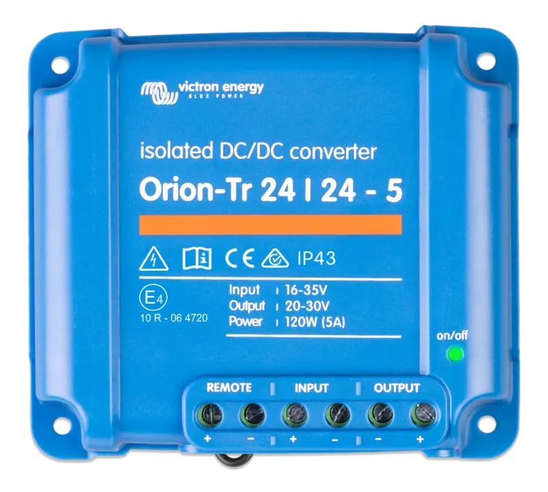 Orion-Tr DC-DC converter with screw terminals, input fuse, and IP43 protection in blue