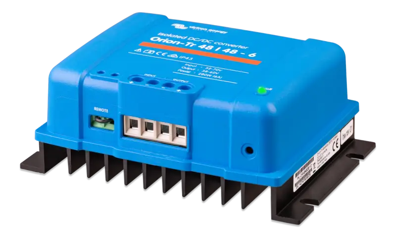 Blue Orion-Tr DC-DC Inverter with IP43 protection, input fuse, and screw terminals on white background