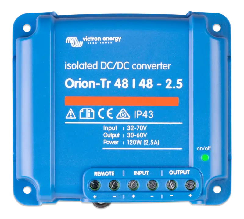 Orion-Tr DC-DC Converter with IP43 protection, input fuse, and screw terminals in blue