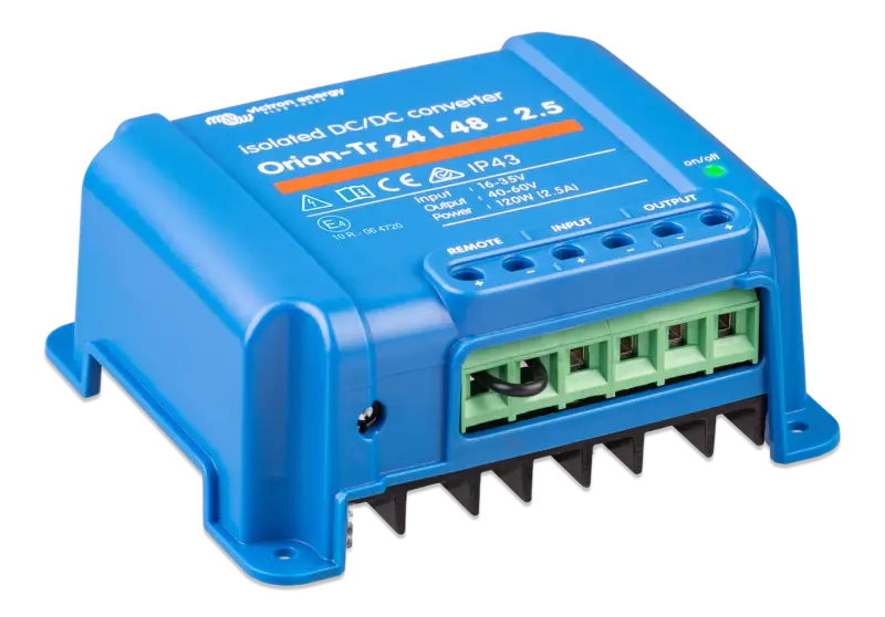 Blue Orion-Tr DC-DC Charger with USB ports, input fuse, IP43 protection, and screw terminals