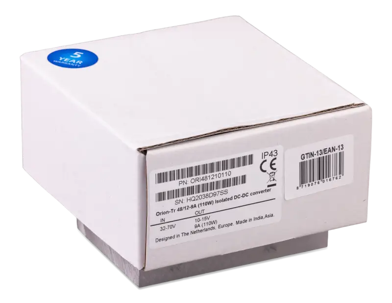 Orion-Tr DC-DC Converter IP43 protection, input fuse, barcode on white box with screw terminals