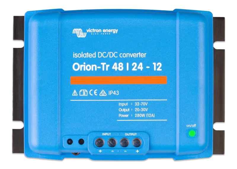 Orion-Tr DC-DC Isolated Converter showcasing IP43 protection and input fuse against white background