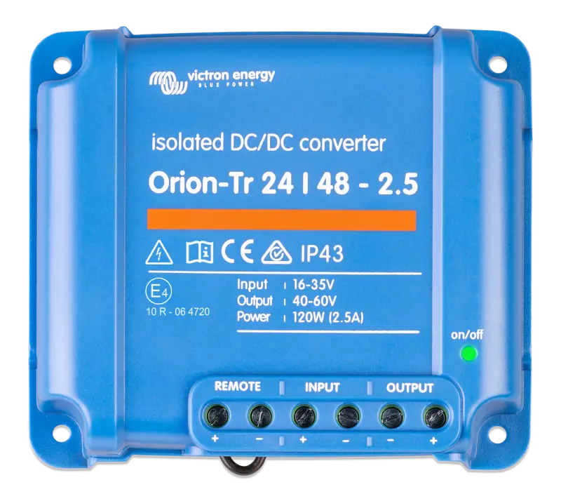 Orion-Tr DC-DC converter with IP43, input fuse and screw terminals in close up