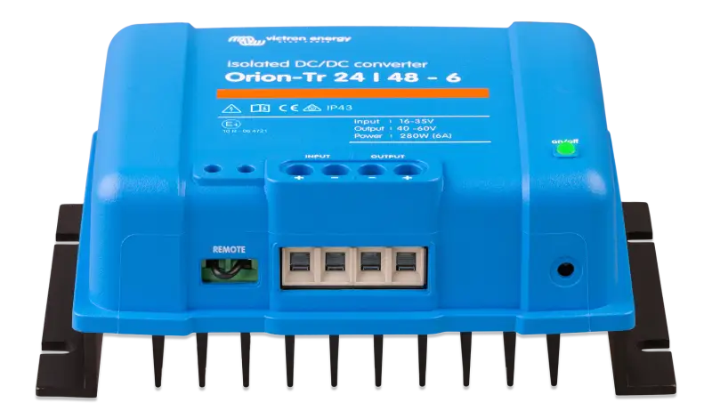 Orion-Tr DC-DC Converter with input fuse, IP43, and screw terminals charging battery