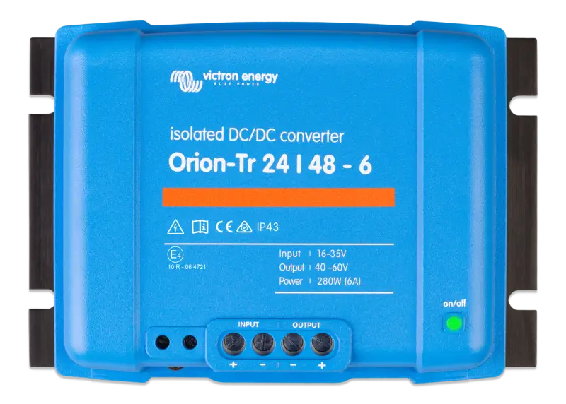 Orion-Tr DC-DC Isolated Converter with IP43, input fuse, and screw terminals display