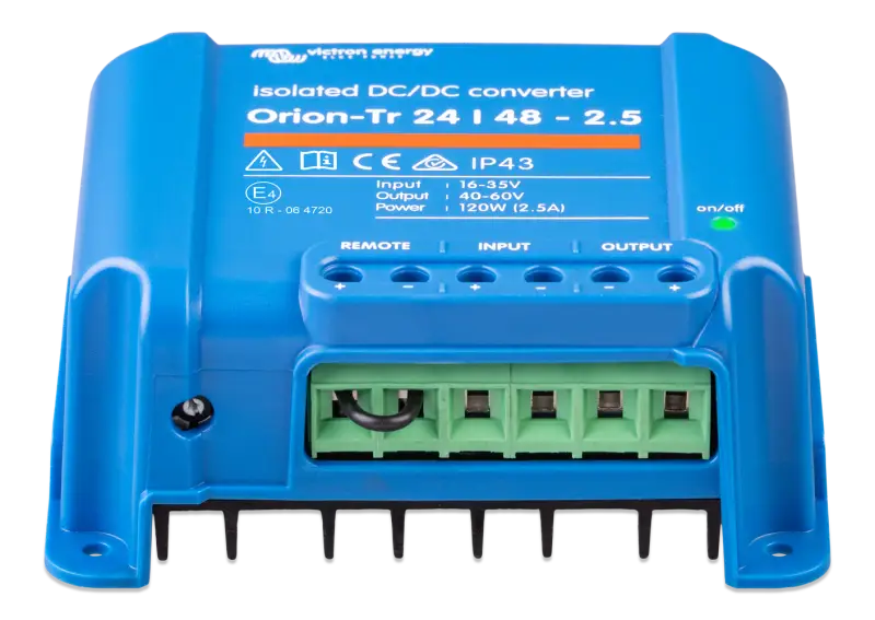 Orion-Tr DC-DC Converter with IP43, input fuse, and blue charger with screw terminals