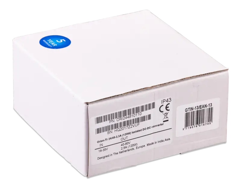 Orion-Tr DC-DC Isolated Converter IP43 protection with input fuse and barcode on white box
