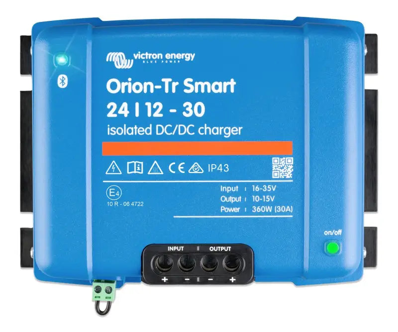 Orion-Tr Smart Charger for Dual Battery Systems featuring a close-up of blue charger with green light