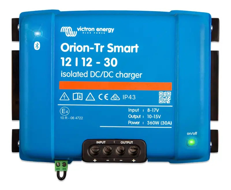 Orion-Tr Smart Charger for Dual Battery Systems with blue charger and green light indicator