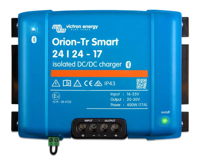Orion-Tr Smart Charger for Dual Battery Systems with a blue charger and green light