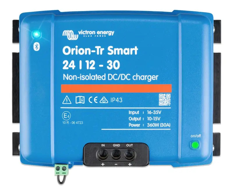 Close-up of Orion-Tr Smart DC-DC Charger featuring adaptive three-stage green light