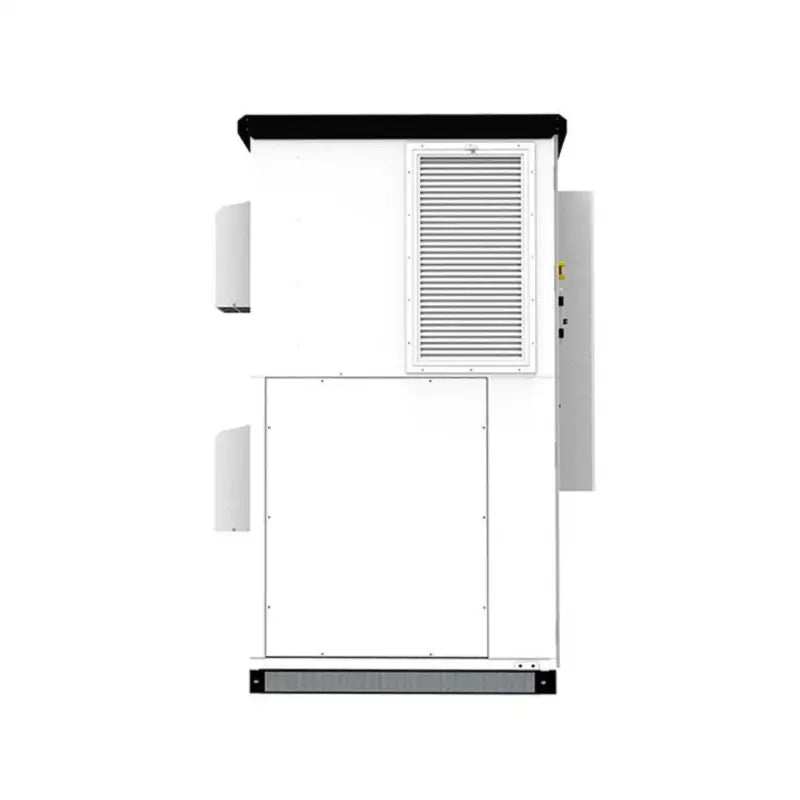 Outdoor Cabinet BESS Battery with white air conditioner and black and white cover.