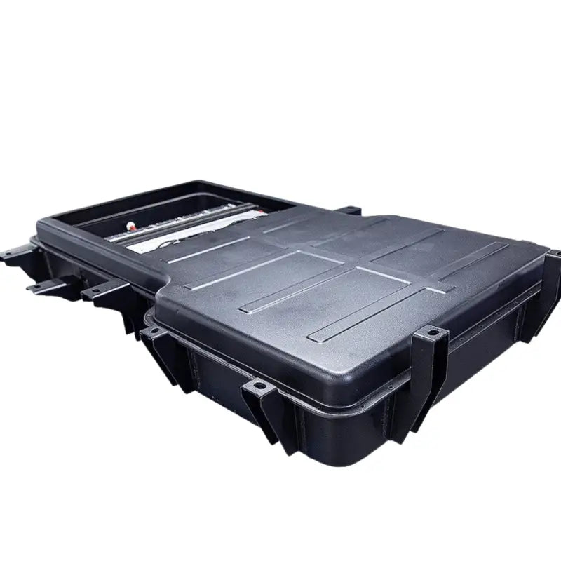 Open black plastic case for 355V 96Ah ion lithium EV battery storage.