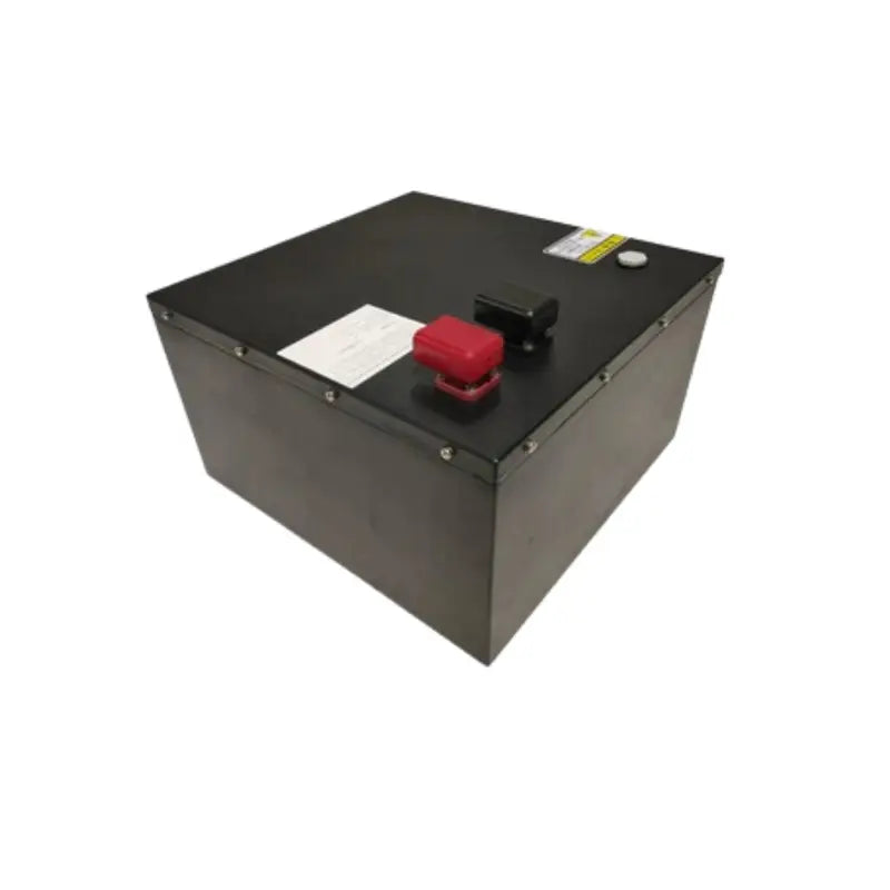 12V 100AH deep cycle LiFePO4 battery with a red cap in a box.