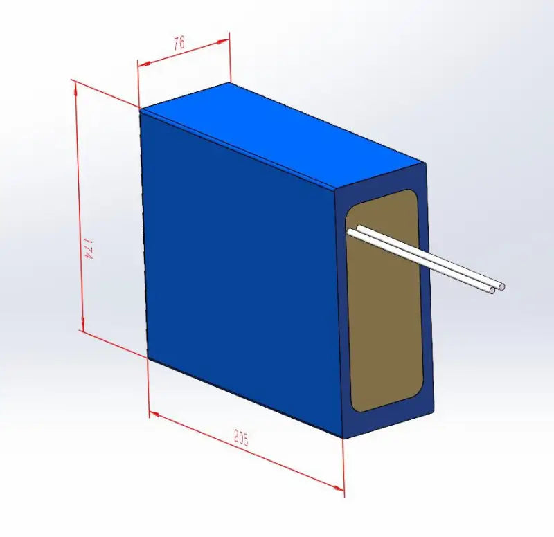 Close-up drawing of 30Ah LFP battery pack with blue box and metal handle