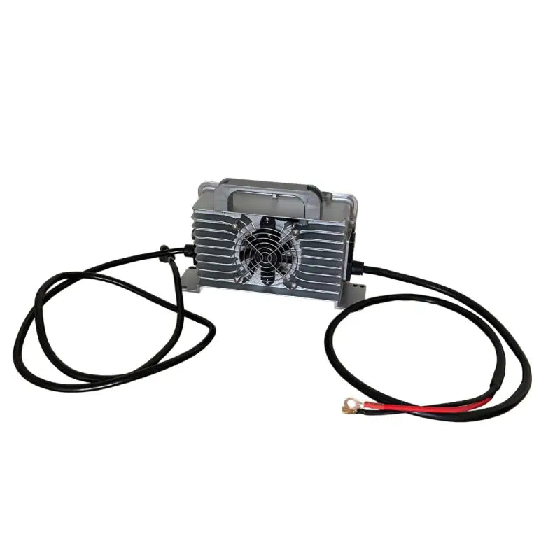 24V20A lithium ion battery charger fan and wires close-up on white background
