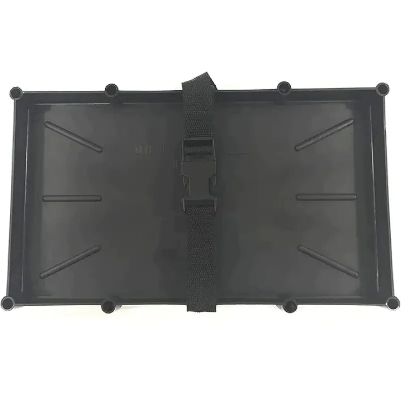 Black Secure Narrow Battery Tray with Poly Strap and Latch for space-saving design