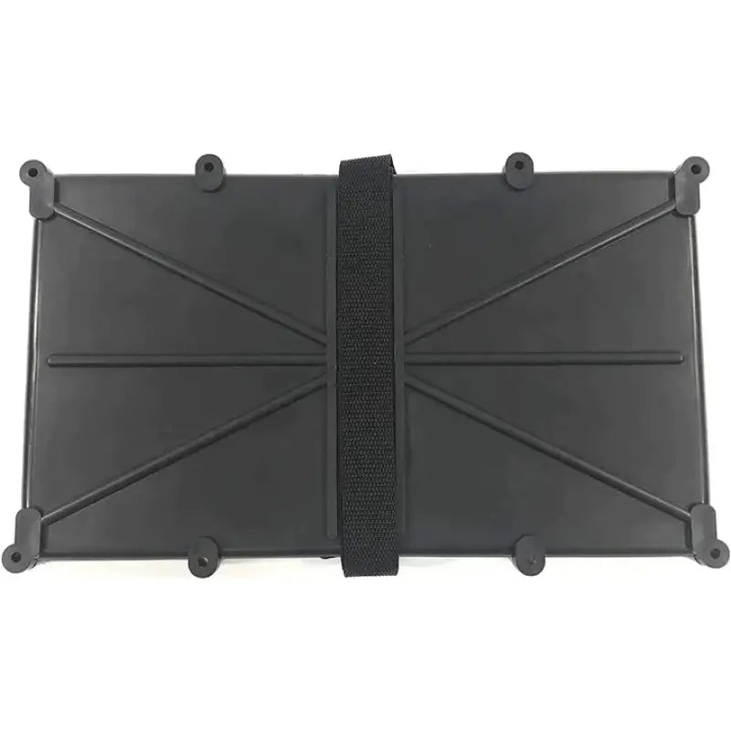 Black iPad case with zipper beside narrow battery tray with poly strap for space-saving