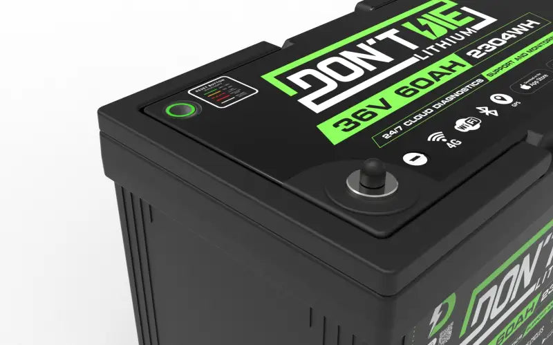 Close-up of 36V 120AH lithium ion battery with ’don’t charge’ sticker.