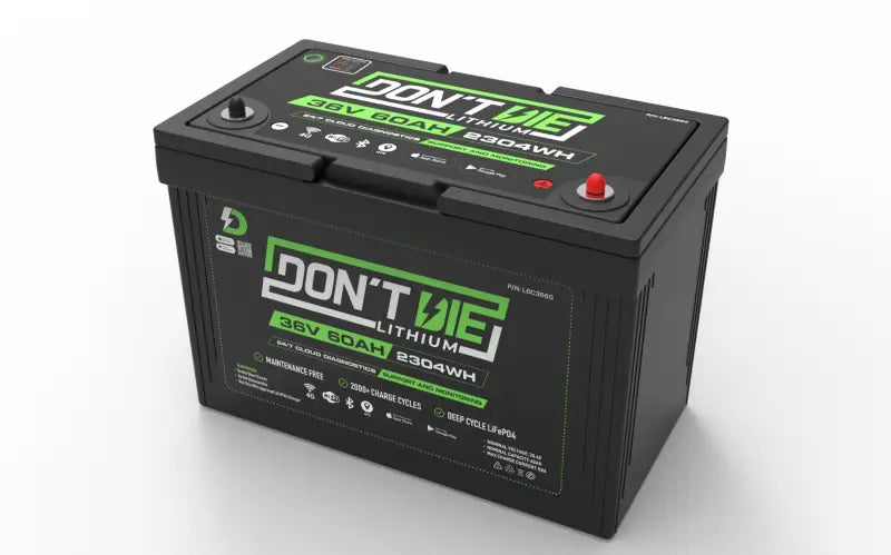 Black 36V 120AH lithium ion battery box with green logo