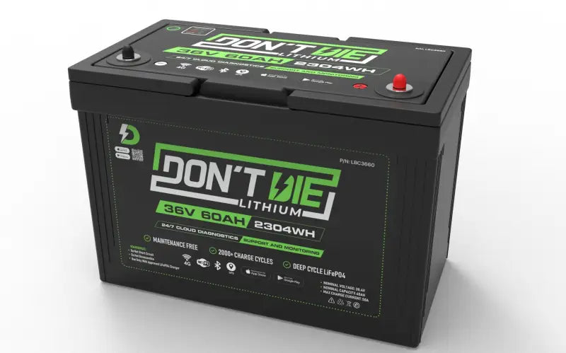 36V 120AH Lithium Ion Battery showing ’don’t lithium lithium battery’ warning sign.