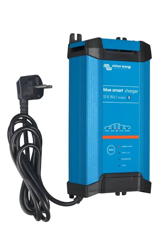 Blue Smart IP22 Charger with multiple Victron branding displayed for efficient charging