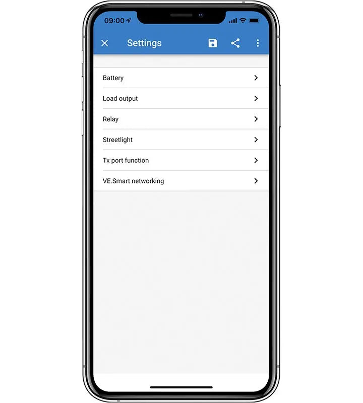 SmartSolar MPPT app settings screen on iPhone.