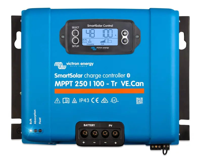 Close-up SmartSolar MPPT charge controller with clock feature.