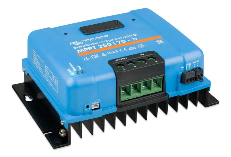 SmartSolar MPPT power inverter in blue and black on white background