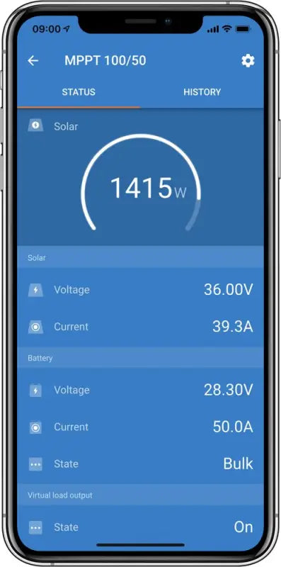 SmartSolar MPPT gauge displaying temperature on smartphone app.