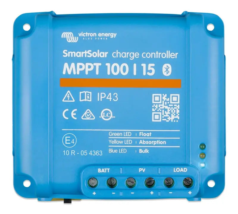 Close-up of a blue SmartSolar MPPT charge controller.