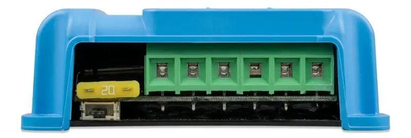SmartSolar MPPT charge controller blue and green box with yellow light.