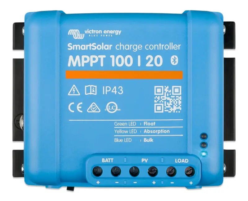 Close-up of SmartSolar MPPT solar charge controller in blue