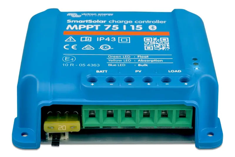 Close-up of SmartSolar MPPT controller with blue body and yellow button.