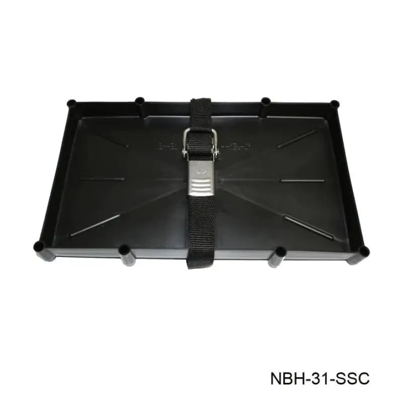 Group 31 battery tray with stainless steel buckle on black plastic