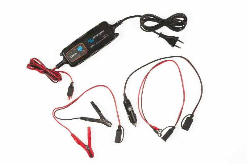 Close-up of Automotive IP65 Charger with jumper cables for lithium batteries