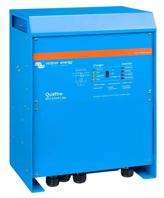 Victron Energy Quattro with two AC inputs and constant power, featuring blue inverter and batteries