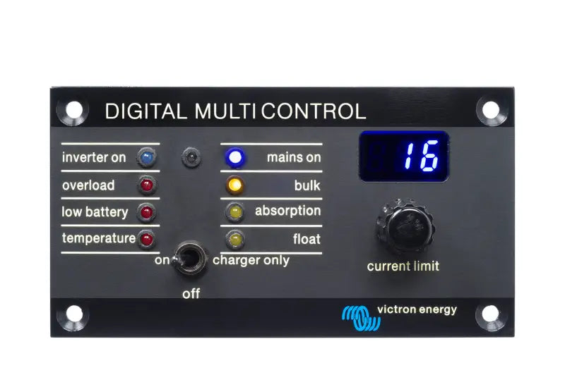 Victron Energy Quattro panel featuring two AC inputs and constant power with digital clock