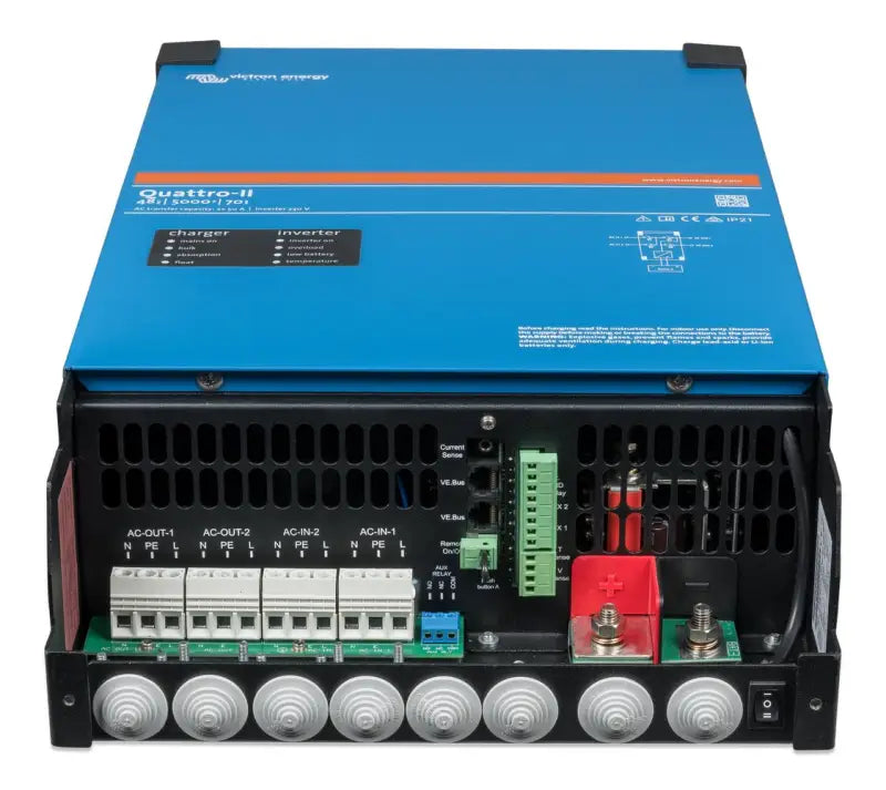Portable Victron Energy Quattro-II inverter with two AC inputs for efficient charging