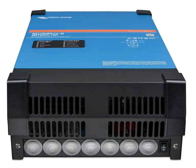 Close-up of Victron Energy’s MultiPlus-II with blue and black power inverter and current transformer