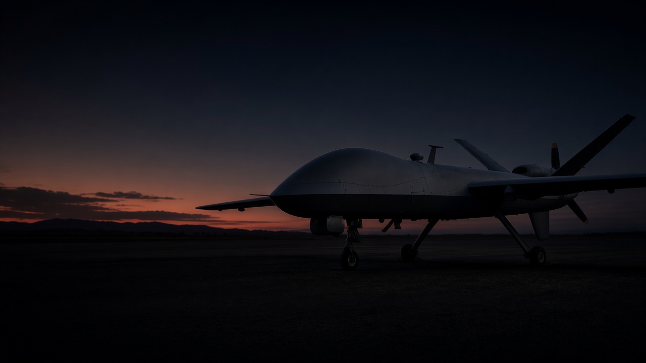 Uncrewed aircraft silhouetted on a runway at dusk