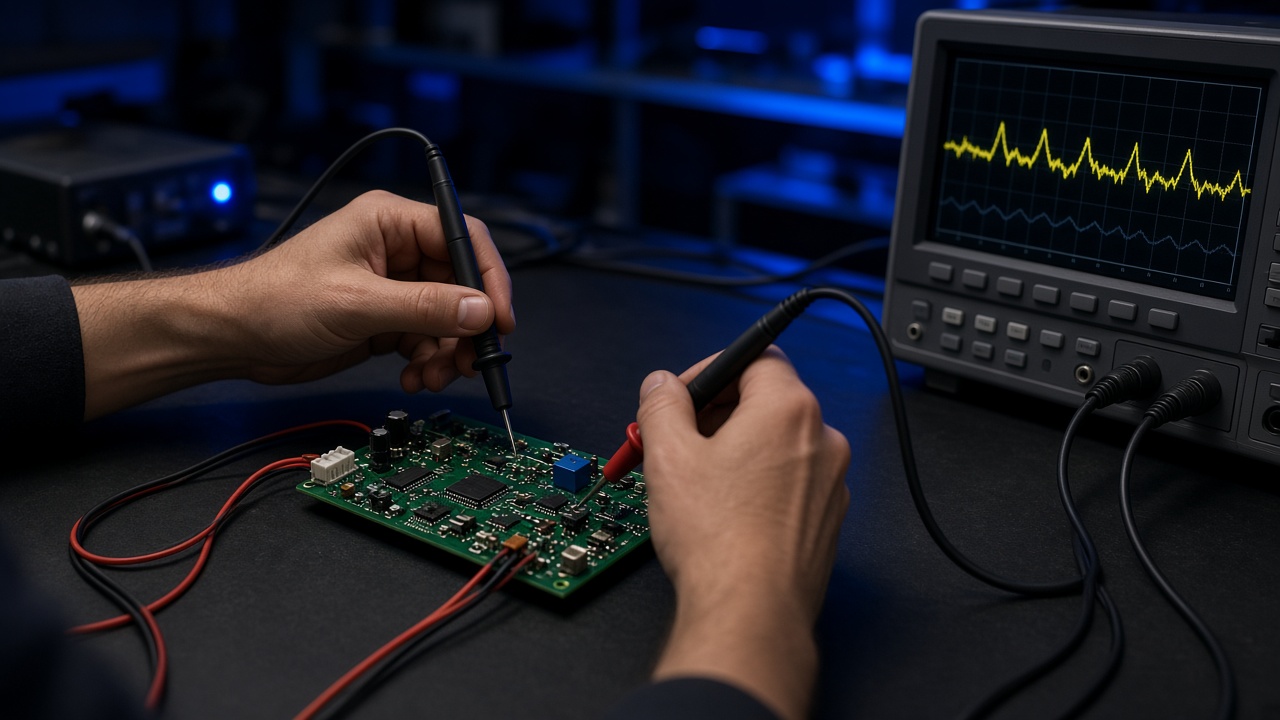 Hands testing an electronic circuit board beside an oscilloscope