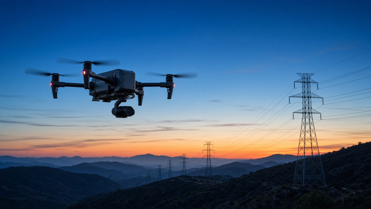 Multirotor drone flying near electrical transmission lines
