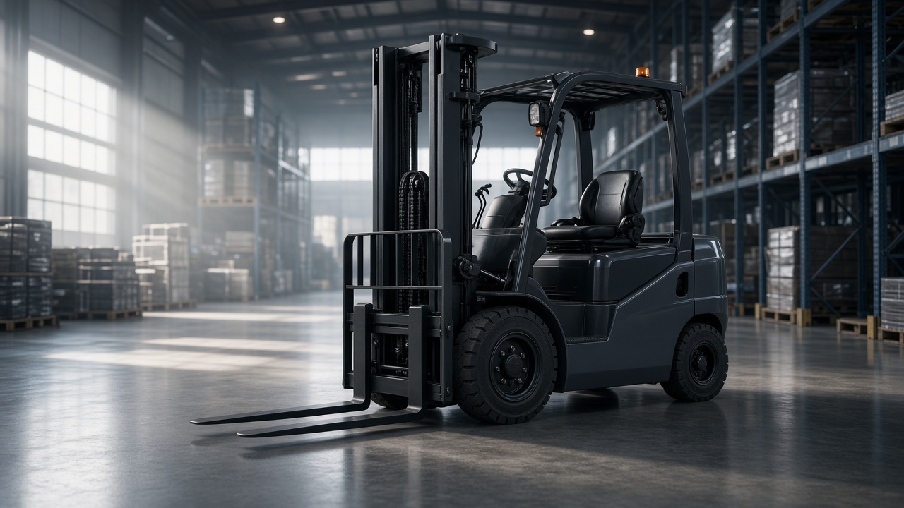 Electric forklift in a warehouse aisle