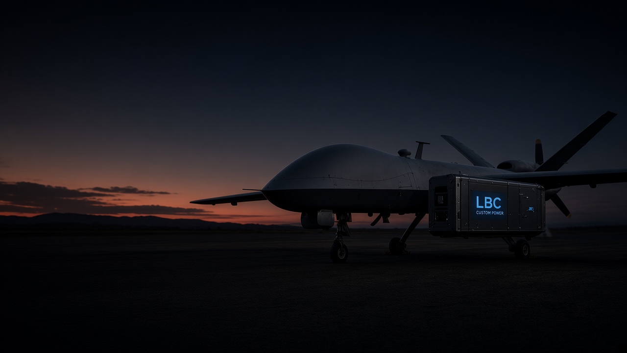 Drone and LBC custom power pack on a runway at dusk