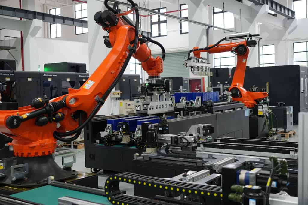 A fully automatic battery pack assembly line featuring interconnected robotic workstations, conveyor belts transporting battery cells, automated welding arms, and integrated quality control stations, all housed within a clean, modern industrial facility designed for high-efficiency, large-scale battery pack production.